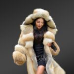 Women's Long Golden Island Fox Fur Coat with Hood