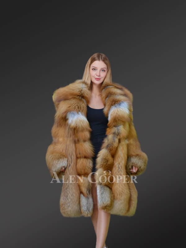 Womens Original Red Fox Fur Coat with Front Trimline
