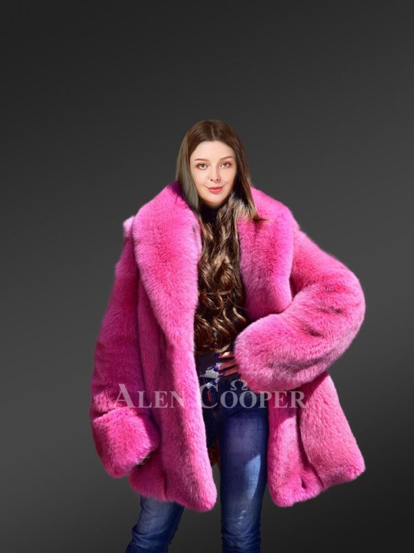 Women's Real Full Skin Fox Fur Coat in Fushia