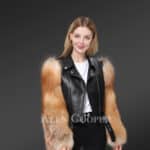 Leather Crop Jacket with Red Fox Fur Sleeves
