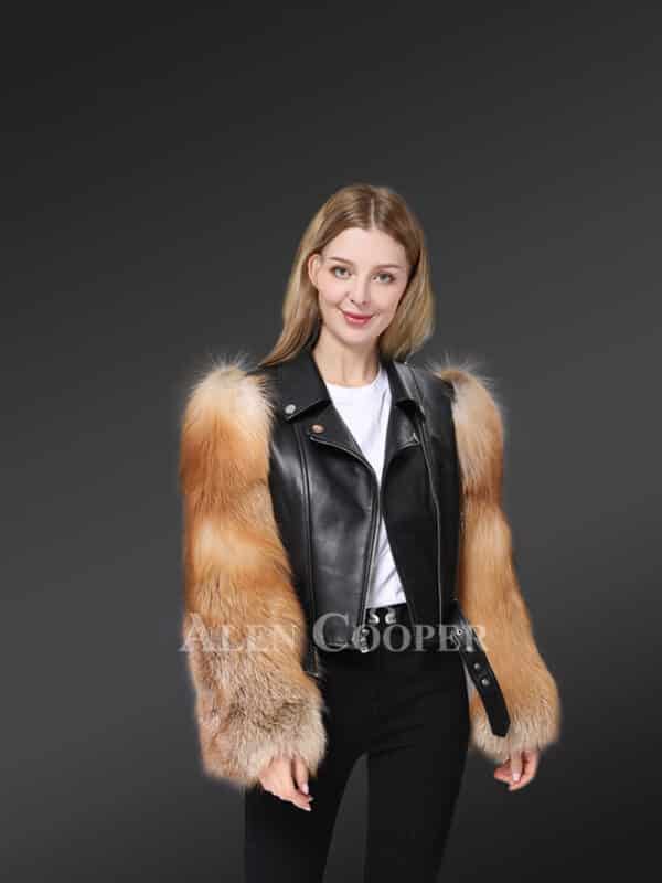 Leather Crop Jacket with Red Fox Fur Sleeves
