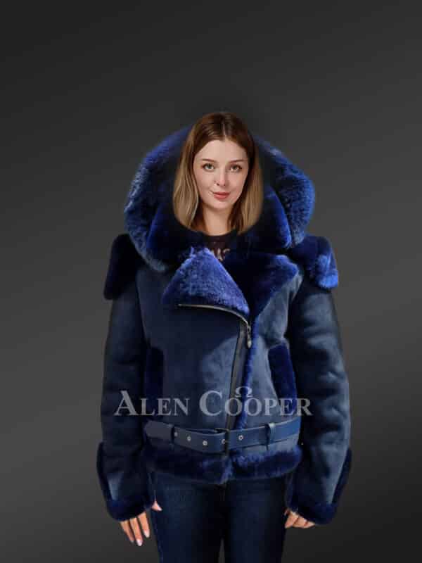 Blue Suede Finish Biker Style Shearling Jacket for Womens