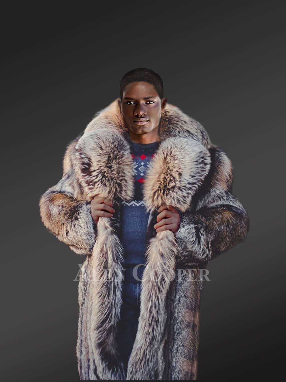 Mens Long Fox Fur Coat with Hooded Fur New