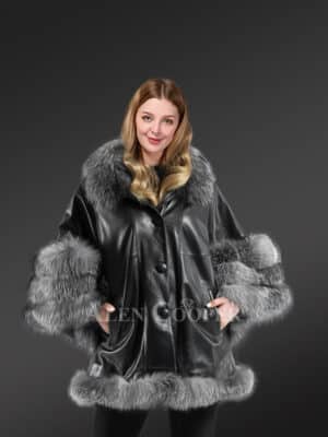 Mink Fur Cape with Silver Fox Fur Trims in Black