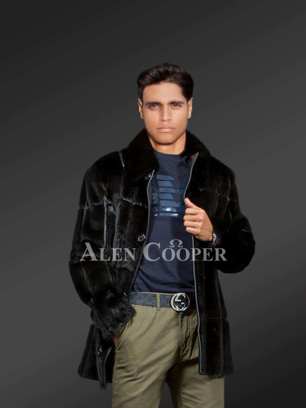 Alen Cooper Mink Fur Bomber Jacket with Hood for Men