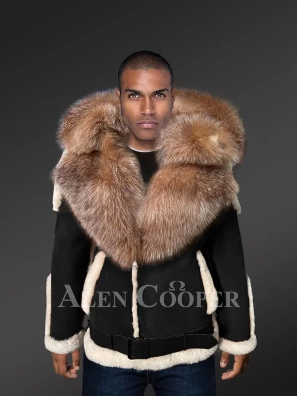 Black Shearling Jacket With Crystal Fox Fur Detailing