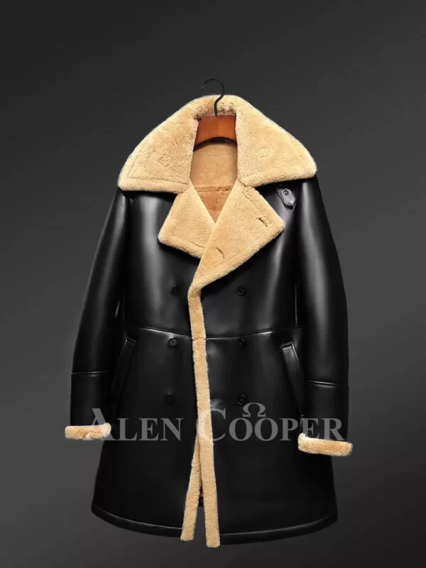 Nappa Finish Black Trench Shearling Coat For Men - Image 3
