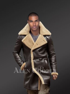 Shearling Long Trench Coat in dark coffee brown Nappa finish. Long Sheepskin Men's Coat Jacket. Shearling Long Coat for Men