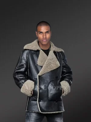 Authentic Shearling Jacket With Double Breasted Greyish Wool Lining for men's