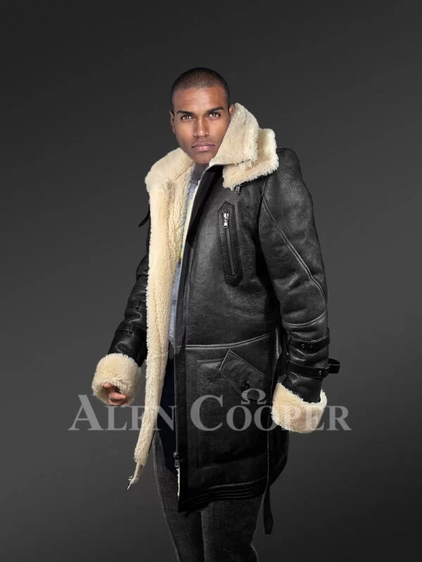 Men’s Shearling Coat in Black Above Knee Length - Image 3