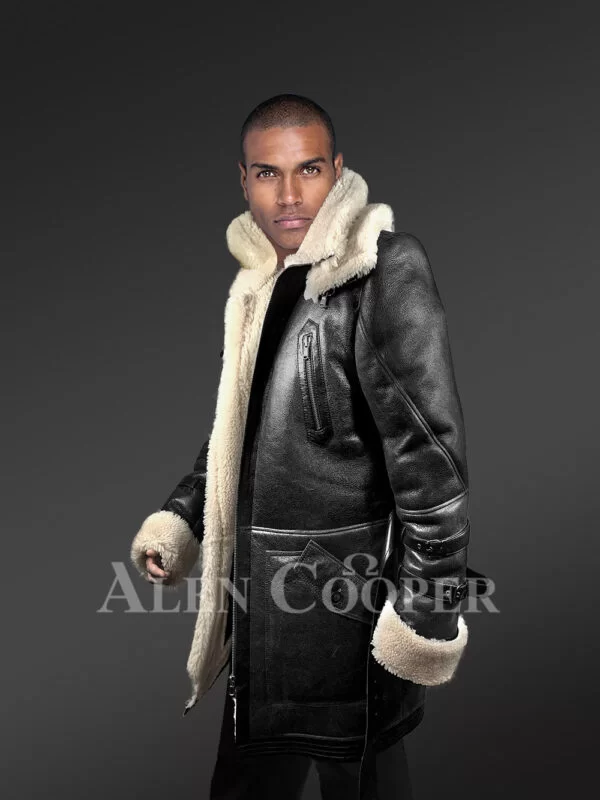 Men’s Shearling Coat in Black Above Knee Length - Image 4