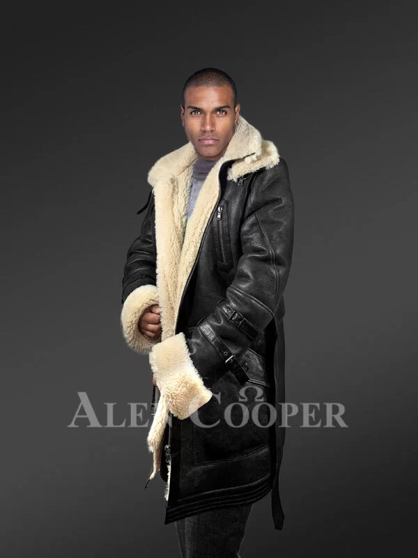 Men’s Shearling Coat in Black Above Knee Length - Image 5