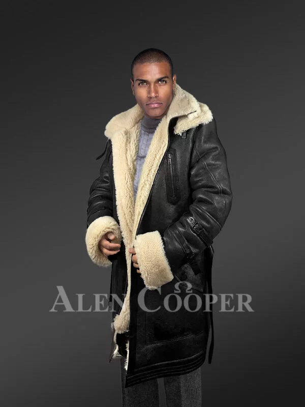 Men’s Shearling Coat in Black Above Knee Length - Image 6