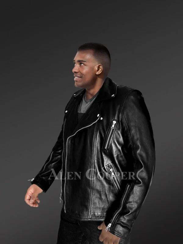 Black Zipper Biker Leather Jacket with Accessorized Cuffs and Front - Image 3