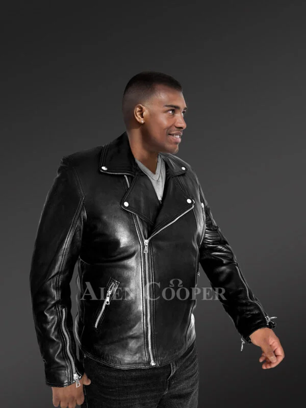 Black Zipper Biker Leather Jacket with Accessorized Cuffs and Front - Image 4