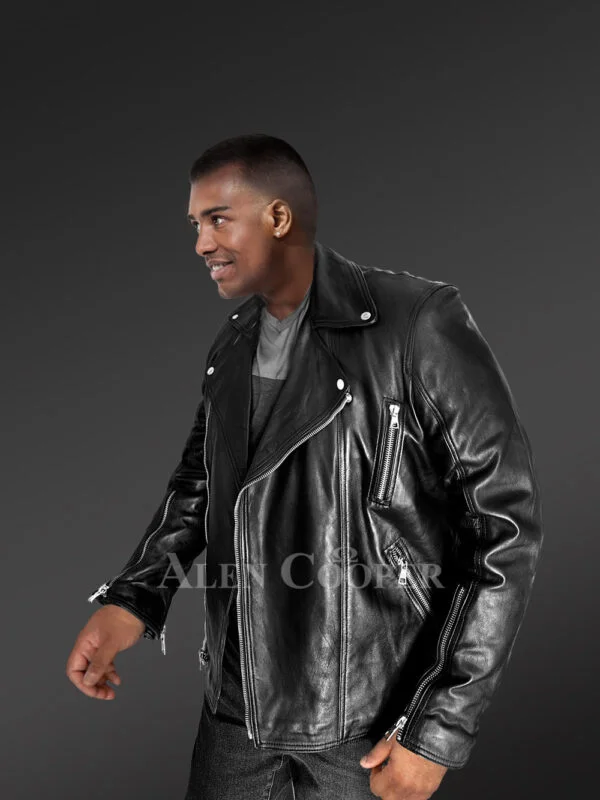 Black Zipper Biker Leather Jacket with Accessorized Cuffs and Front - Image 5
