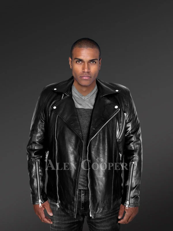 Black Zipper Biker Leather Jacket with Accessorized Cuffs and Front - Image 2