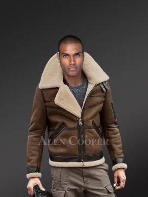 Biker Shearling Jacket in Tan Brown for Men