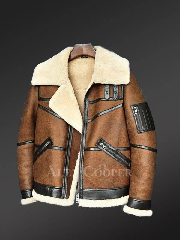 Biker Shearling Jacket In Tan Brown For Men