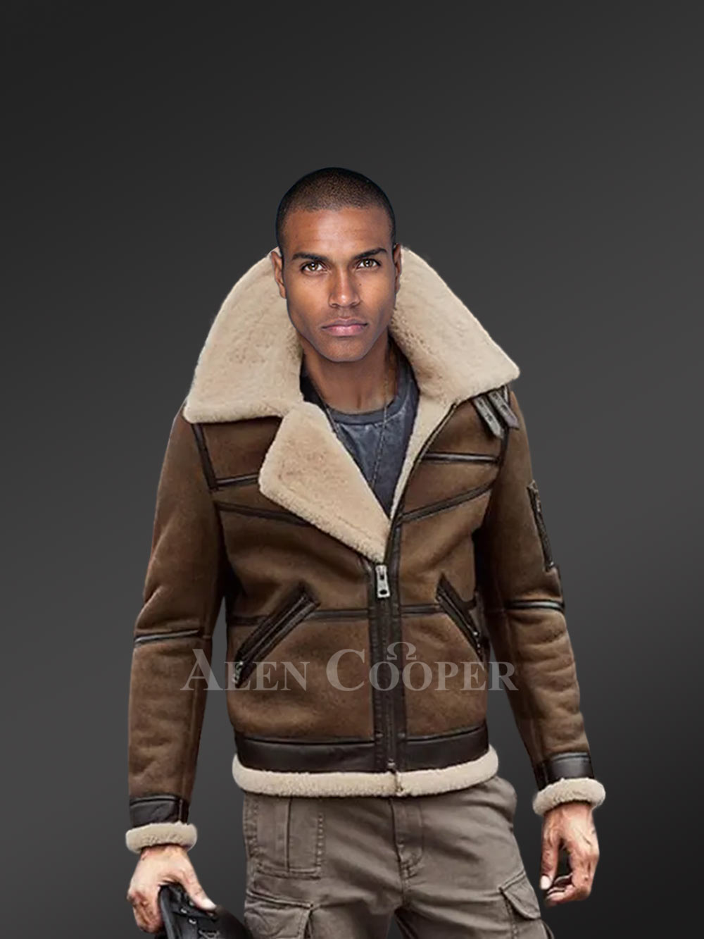 Biker Shearling Jacket In Tan Brown For Men