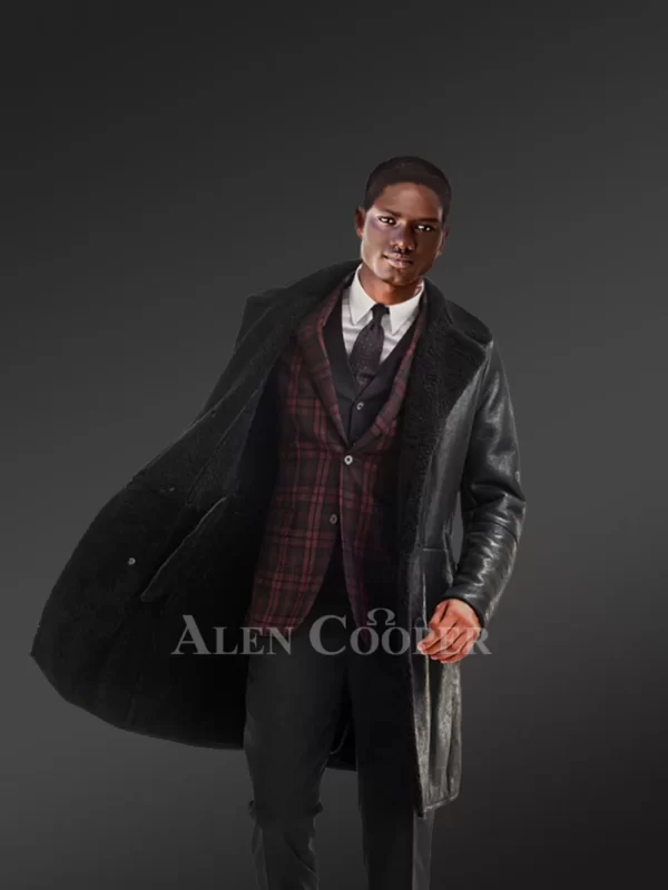 Classy Shearling Long Coat With Nappa Finish For Men - Image 3