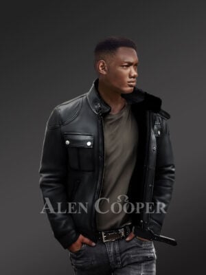 Black Nappa Shearling Jacket with Patchwork