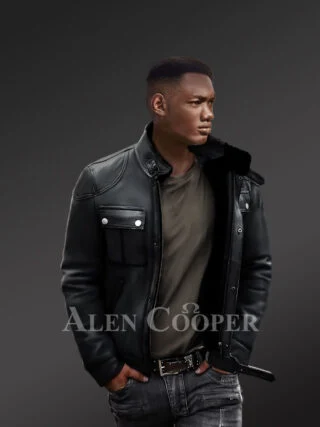 Black Nappa Shearling Jacket with Patchwork