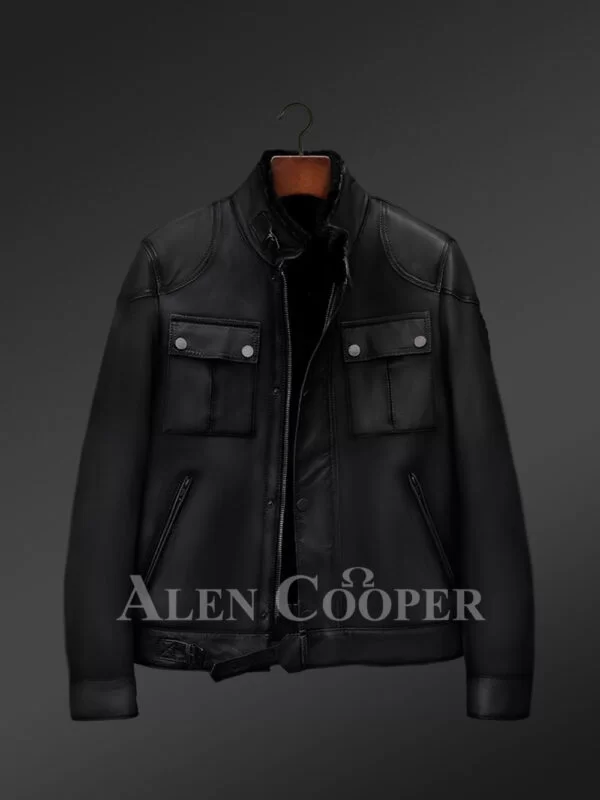 Black Nappa Shearling Jacket with Patchwork - Image 3