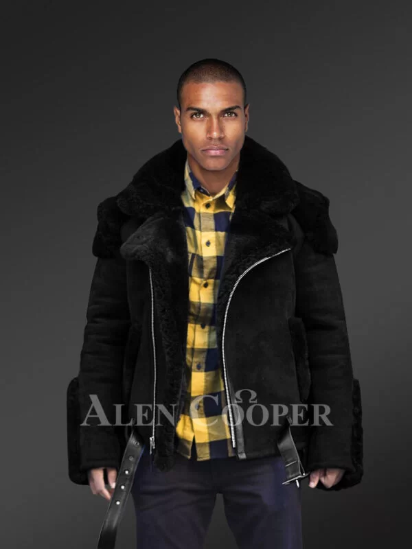Black Suede Finish Biker Shearling Jacket For Men - Image 2