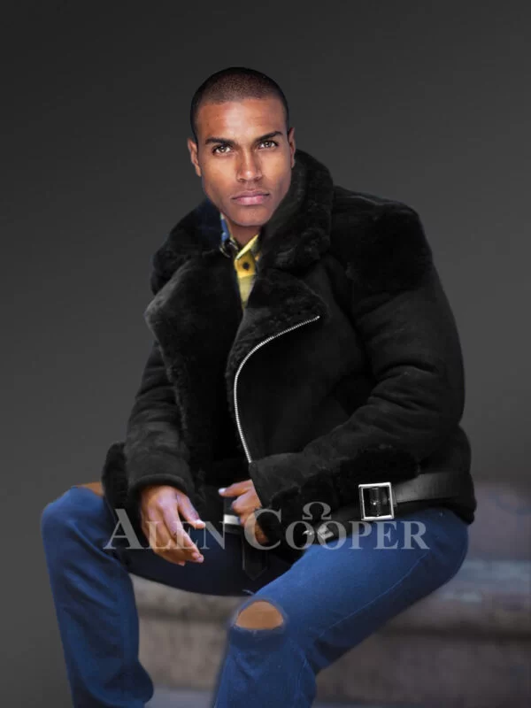 Black Suede Finish Biker Shearling Jacket For Men - Image 3