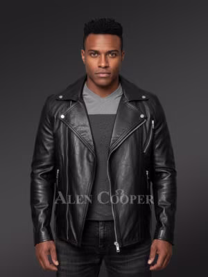 Black Zipper Biker Leather Jacket with Accessorized Cuffs and Front