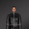 Black and long aura-building pure leather jacket for men