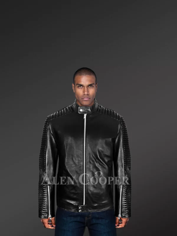 Black and long aura-building pure leather jacket for men