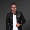Black real leather collarless full sleeve jacket with quilted shoulder for men