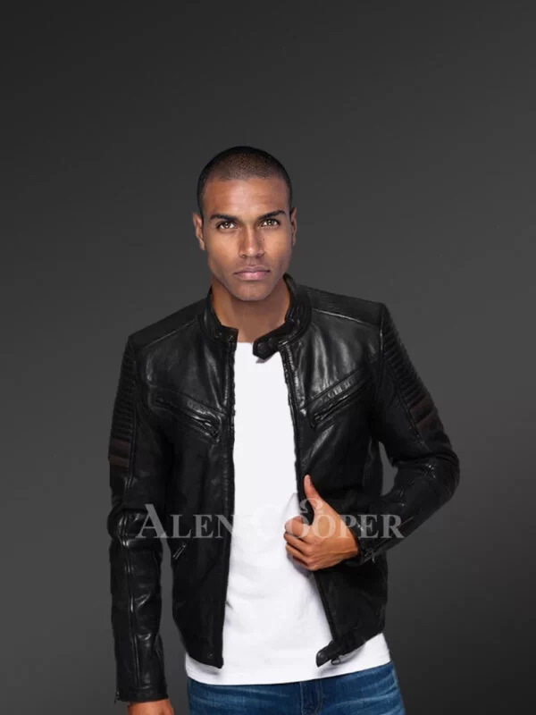 Black real leather collarless full sleeve jacket with quilted shoulder for men