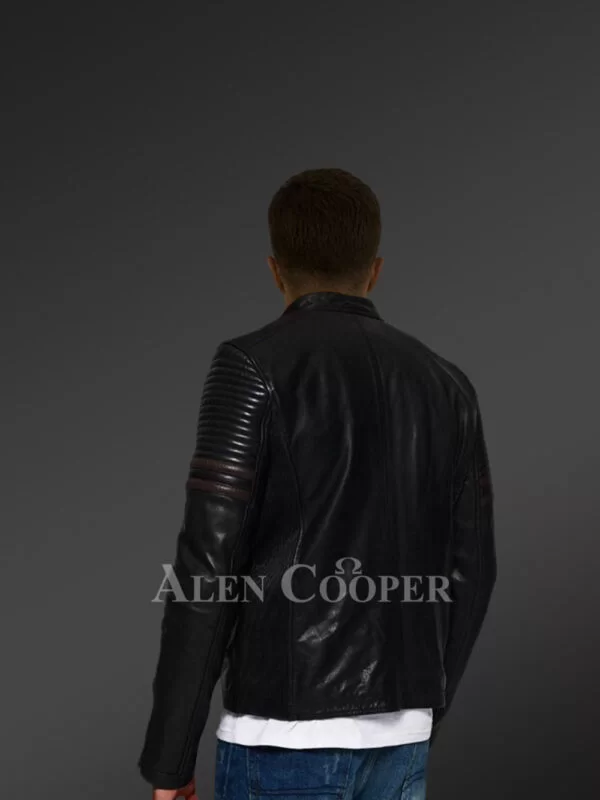 Men’s Motorcycle Band Collar Leather Jacket - Image 2