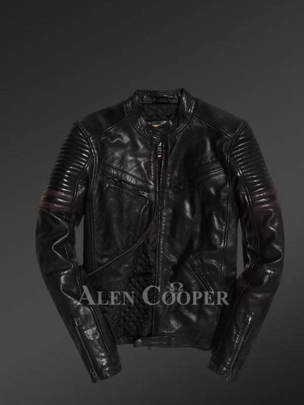 Men’s Motorcycle Band Collar Leather Jacket - Image 3