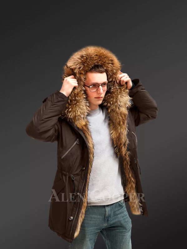 More Stylish and Elegant With Finn Raccoon Fur Hybrid Coffee Parka Convertibles for Men with Rabbit Liner - Image 2