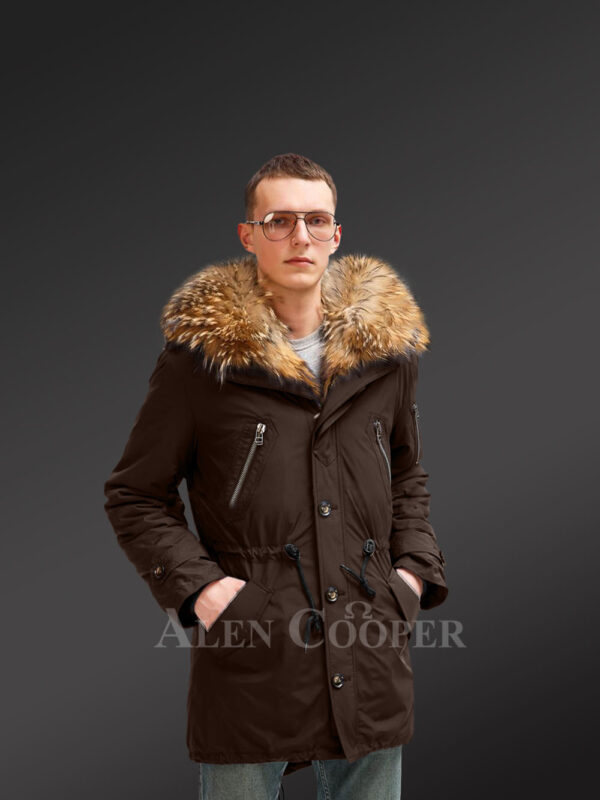 Blazing fashion trend with Men’s hybrid black Finn raccoon fur parka view