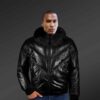 Men Leather Bomber jacket with Original and Authentic Fox fur collar in Black Color. Warm & comfortable Men Leather Bomber Coat Jacket