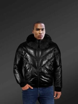 Men Leather Bomber jacket with Original and Authentic Fox fur collar in Black Color. Warm & comfortable Men Leather Bomber Coat Jacket