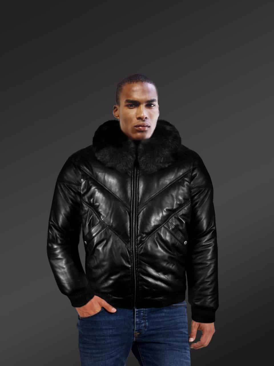 Mens Black Leather Bomber Jacket