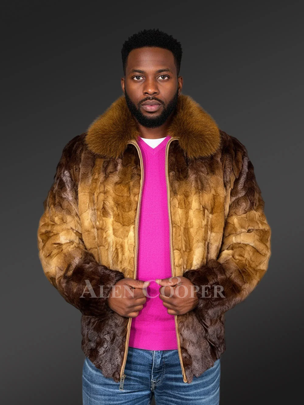 Men Whisky Brown 2 Tone Mink Bomber with Fox Collar - Image 2