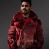 Burgundy Suede Finish Shearling Jacket with Fox Fur Hood