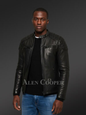 Classy Coal-Black Collarless Real Leather Sturdy Winter Jacket for Men