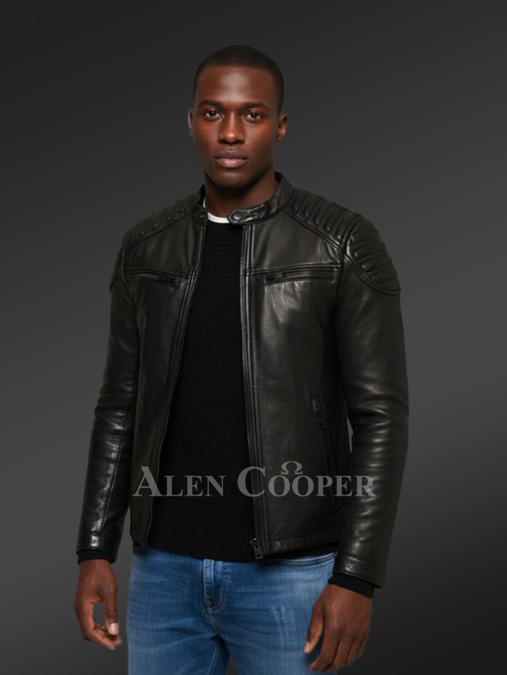 Classy Coal-Black Collarless Real Leather Sturdy Winter Jacket for Men