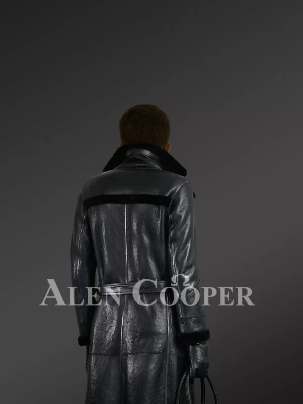 Men’s Black Classy Long Coats from Genuine Shearling Pelts - Image 4