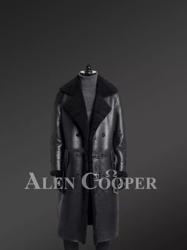 Men’s Black Classy Long Coats from Genuine Shearling Pelts - Image 3