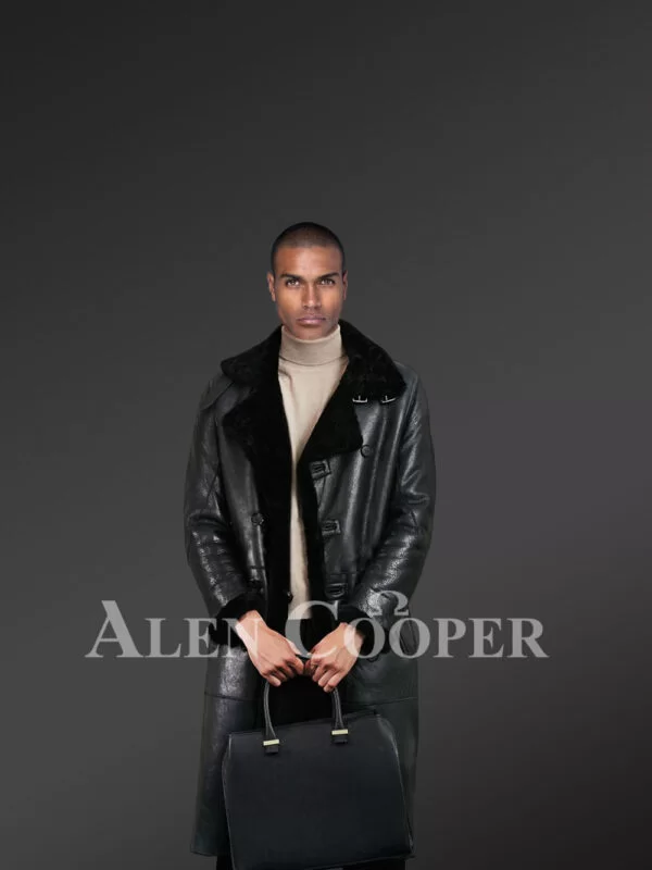 Men’s Black Classy Long Coats from Genuine Shearling Pelts - Image 2