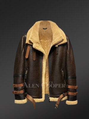 Coffee Brown Shearling Jacket With Cognac Belts